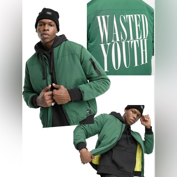 NEW WESC wasted youth logo print bomber jacket in green - Picture 1 of 11
